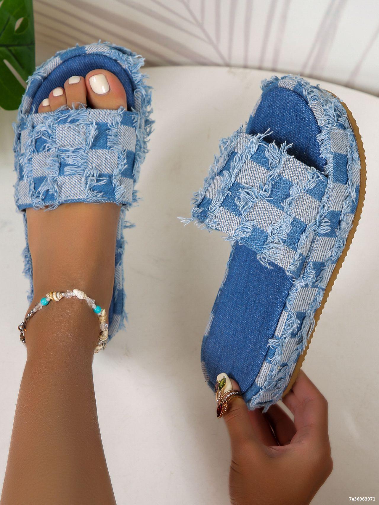 Women Washed Denim Platform Slippers 21