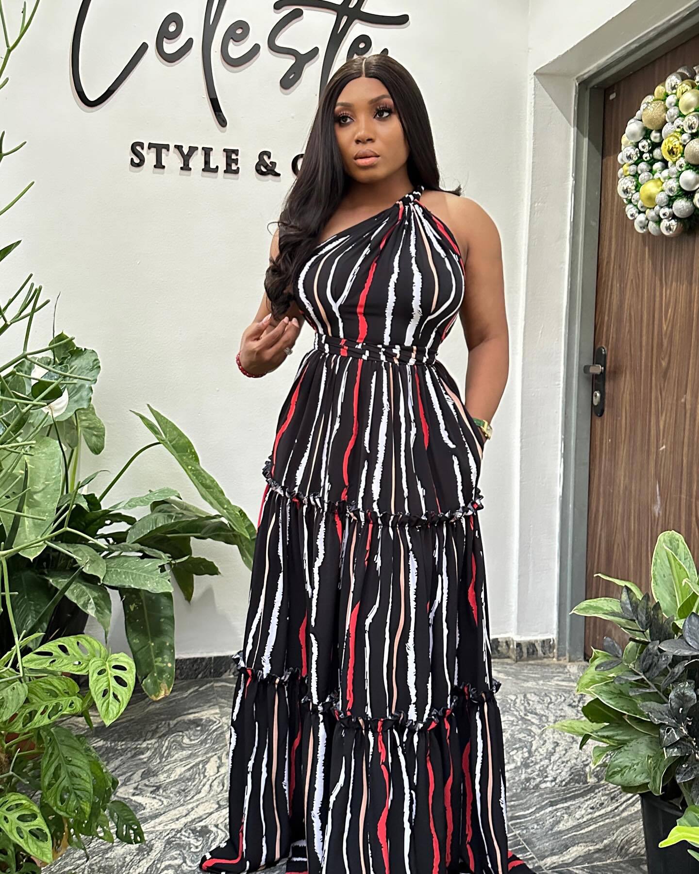 Women Sexy Print Lace-Up Slash Shoulder Backless Dress 3