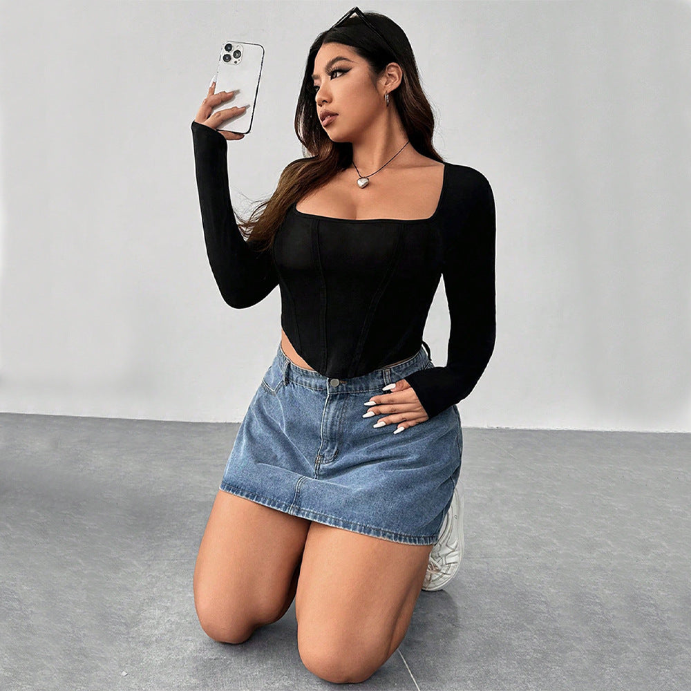 Plus Size Women Square Neck Solid Basic Irregular Top 5