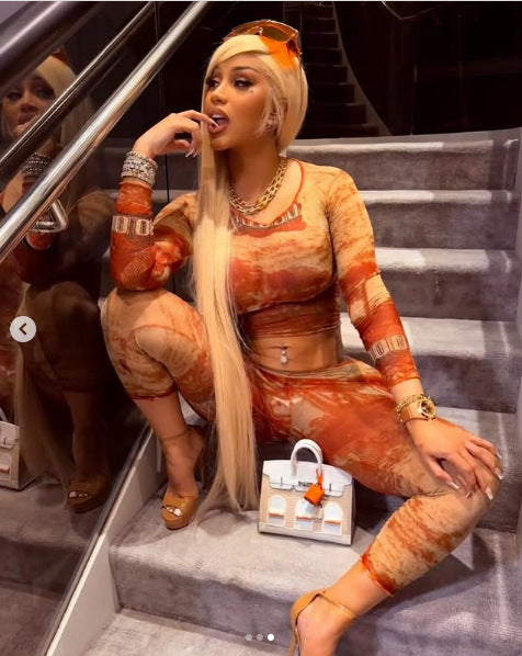 Women Spring Mesh Printed Round Neck Long Sleeve Top and Pants Two Piece Set