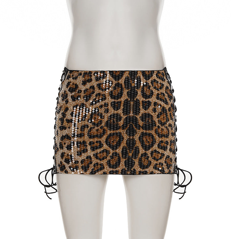 Sexy Side Lace-Up Leopard Print Bodycon Short Skirt with Sequins 7