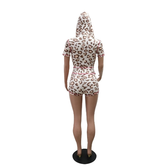 Women Leopard Zipper Hooded Print Top and Shorts Two Piece Set 10