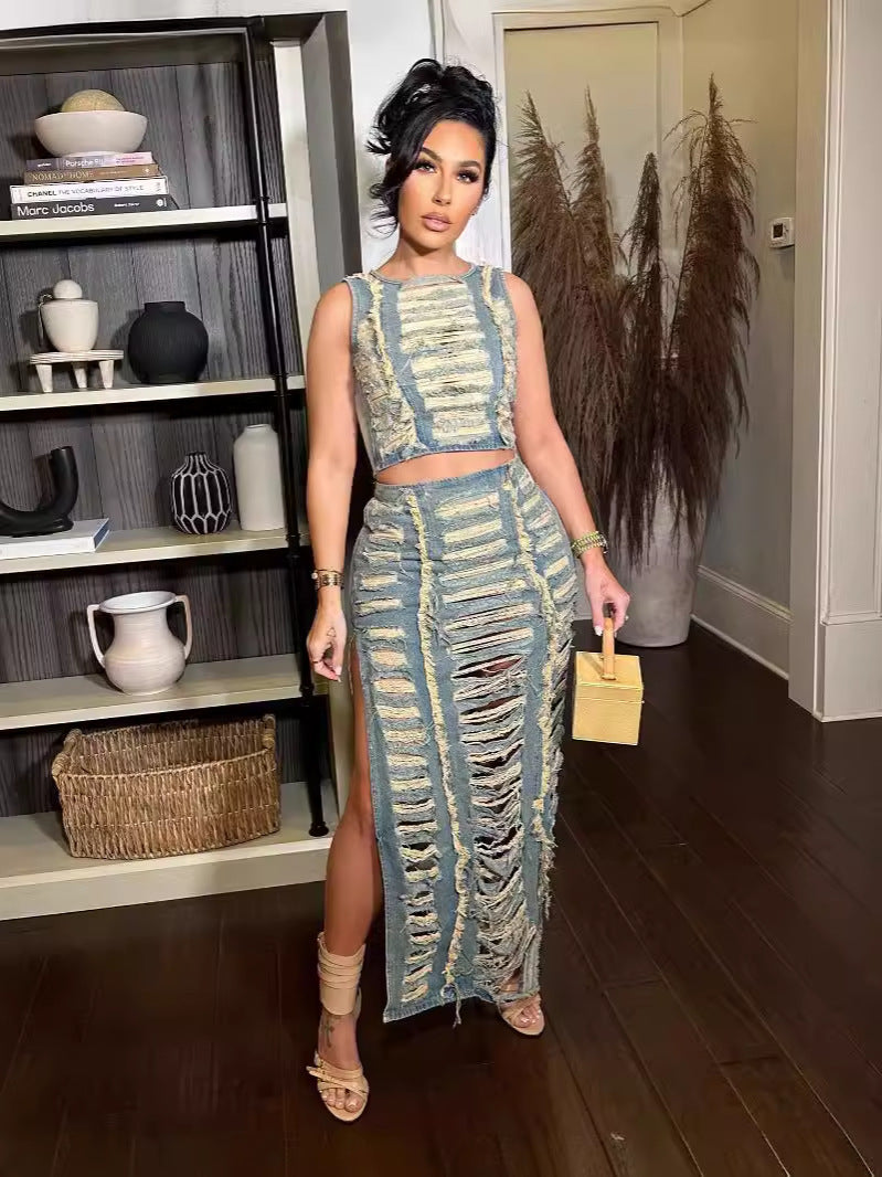 Women's Fashion Trend Worn Hollow Sexy Vest High Slit Denim Skirt Two-Piece Set 4