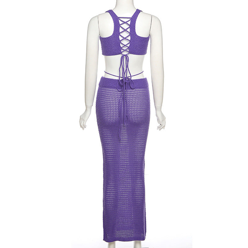 Spring Fashion Women's Solid Color Slim Vest Sexy Low Waist Skirt Two Piece Set 10