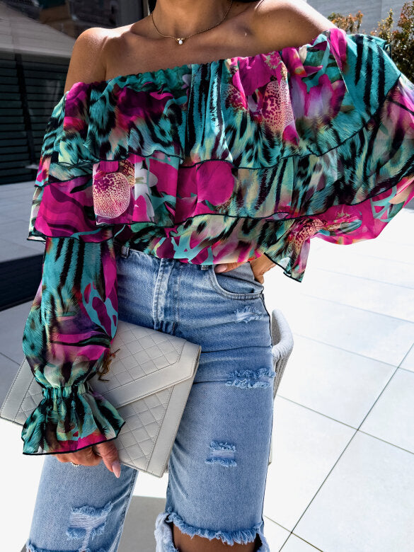 Autumn Sexy Fashion Off Shoulder Printed Shirt 5