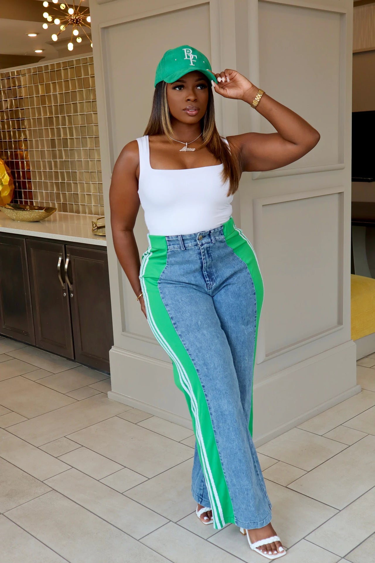 Summer fashion patchwork striped wide leg casual straight pants denim trousers 4