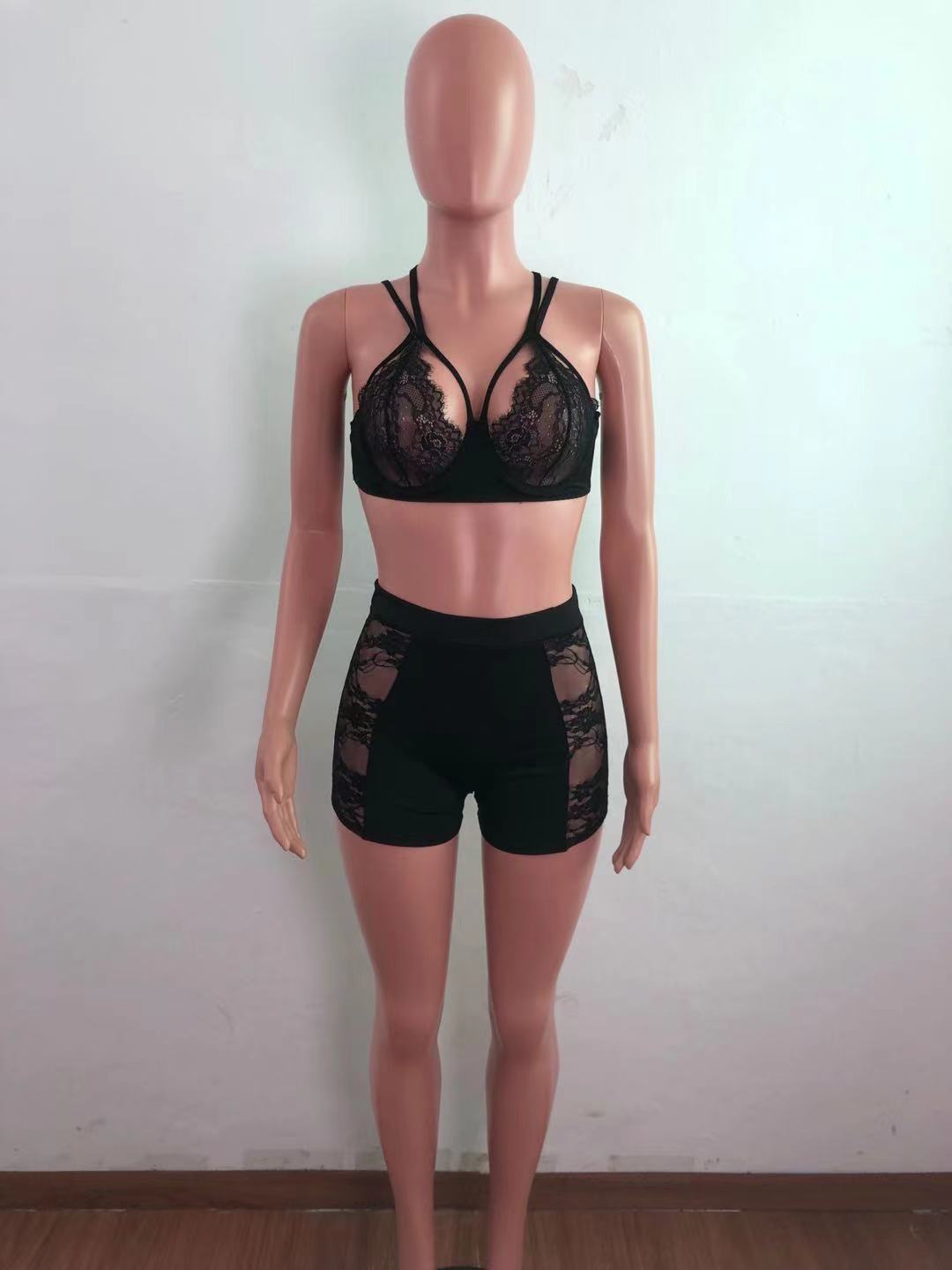 Women Body-fitting Lace Shoulder Strap Lace Two-piece Set 13