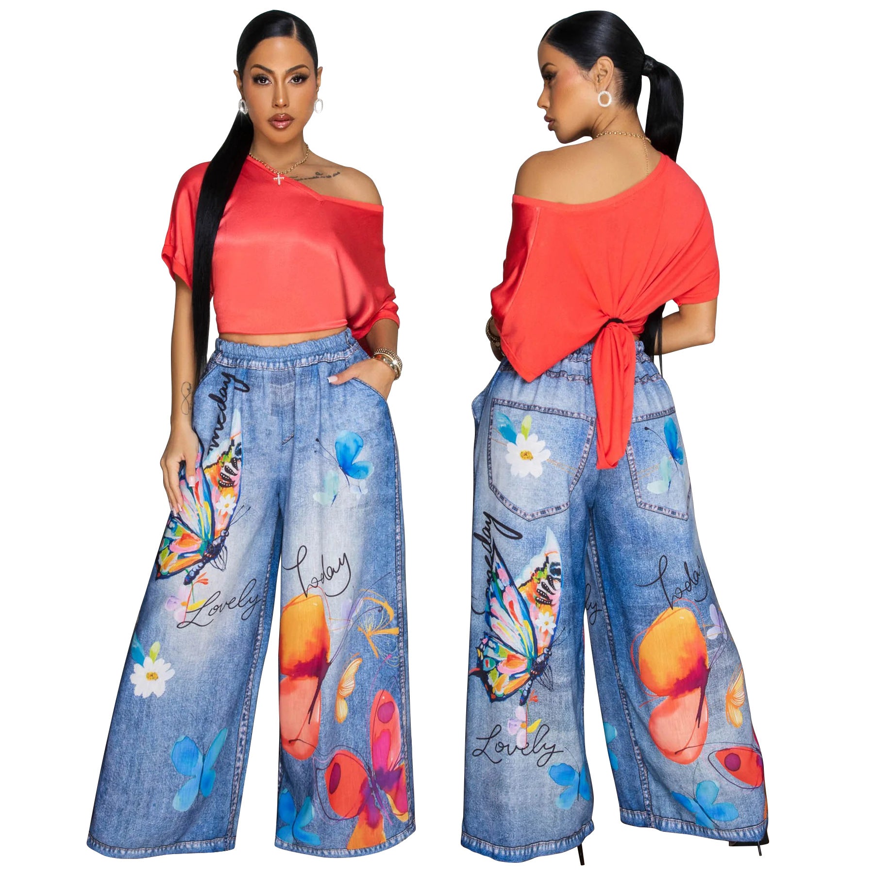 Women's print wide leg casual pants 7