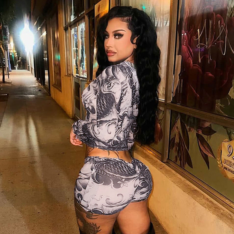 Women's Summer Autumn Zipper Round Neck See-Through Print Long Sleeve Two Piece Shorts Set 3