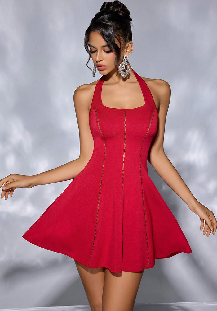 Women's Solid Color Halter Neck Lace-Up Strapless Hollow Patchwork Slim Waist Low Back Cocktail Dress