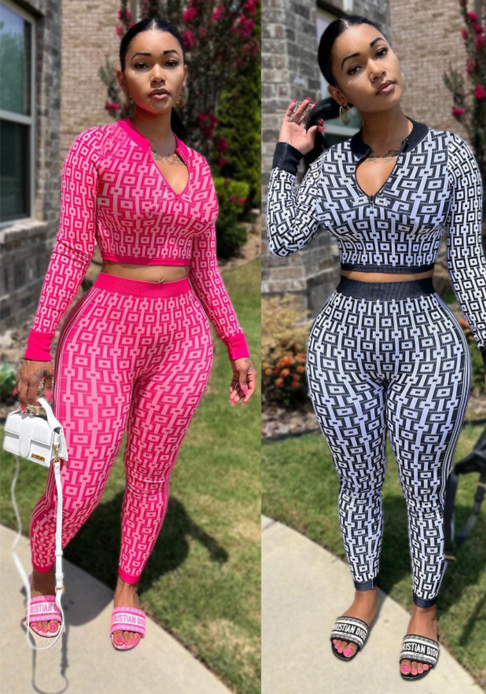 Autumn And Winter Women's Elastic Print Long-Sleeved Two-Piece Pants Set 5