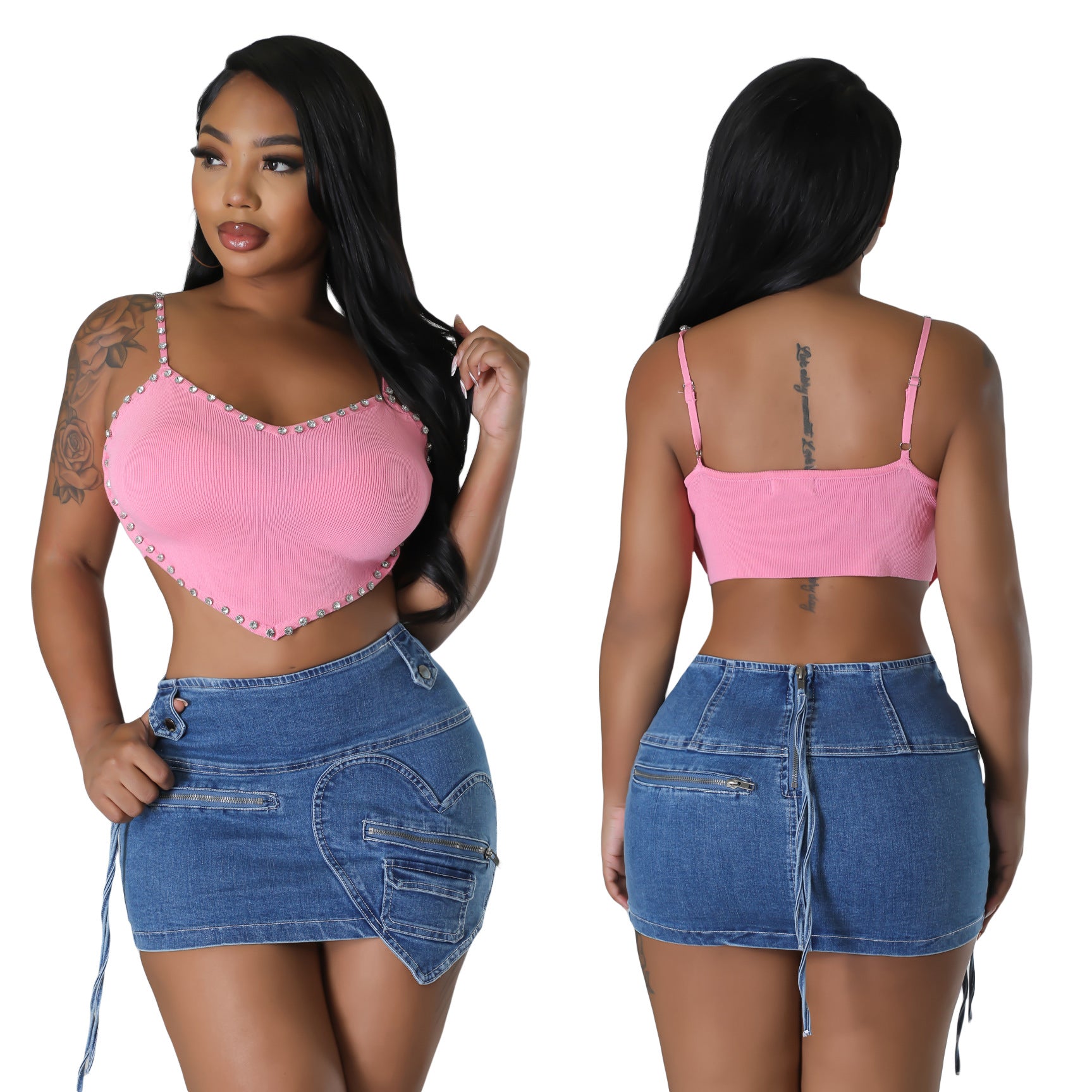 Women Sexy Heart Print Pocket Denim Bodycon Mini Skirt