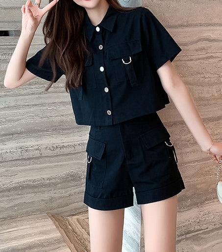 Two-piece summer Cargo style short-sleeved jacket wide-leg shorts women's suit 7
