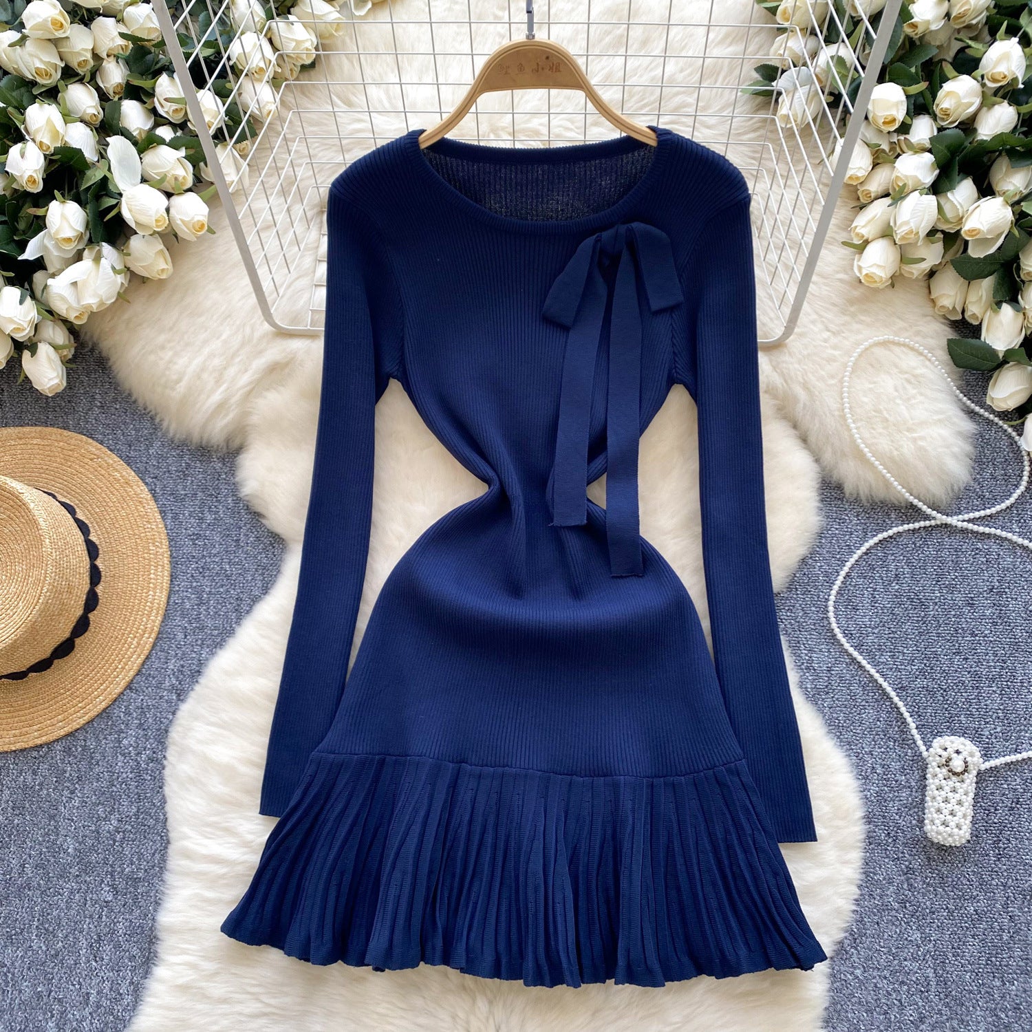 Women French knitting dress with bow and ruffles 8
