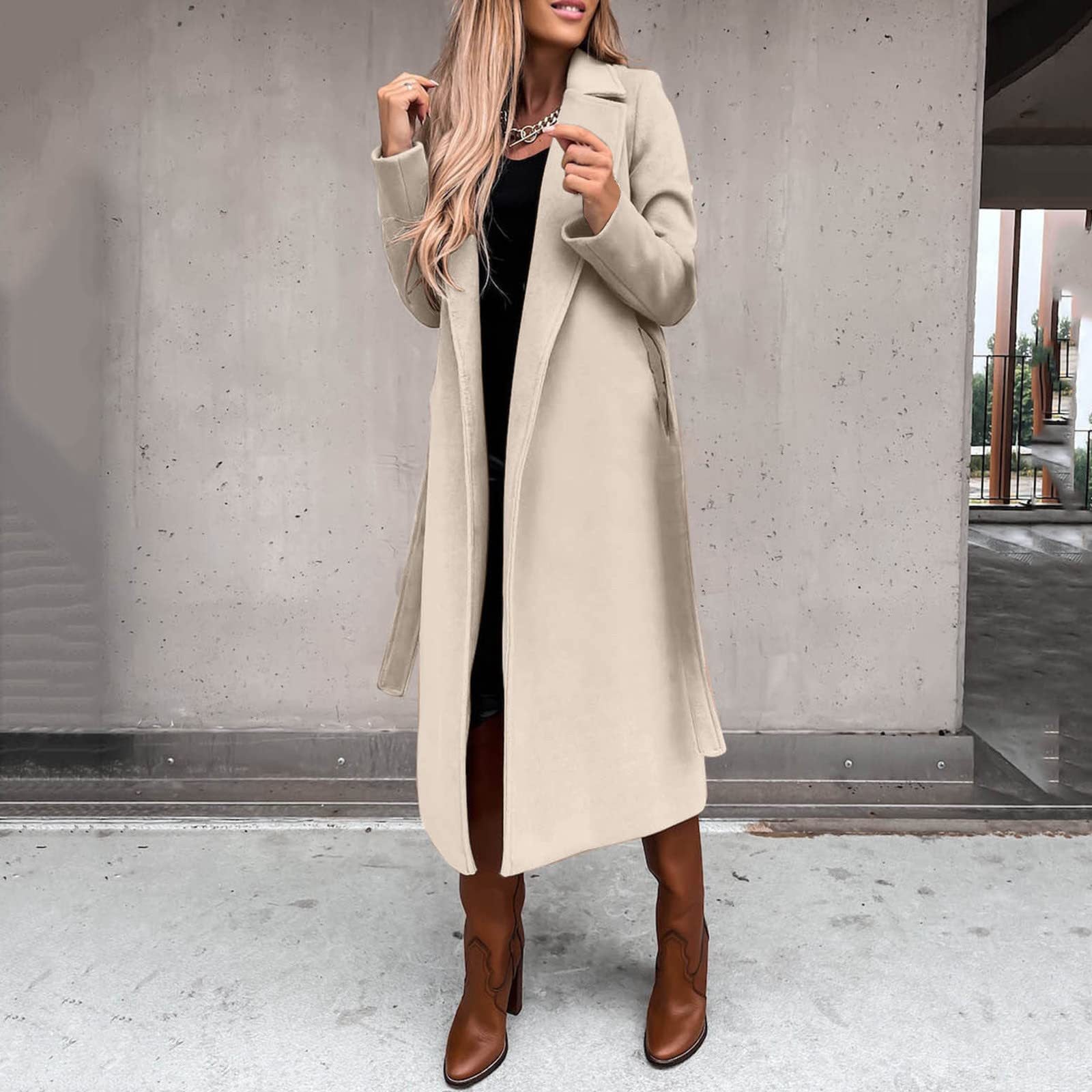 Women Solid Turndown Collar Long Sleeve Lace-Up Coat 5