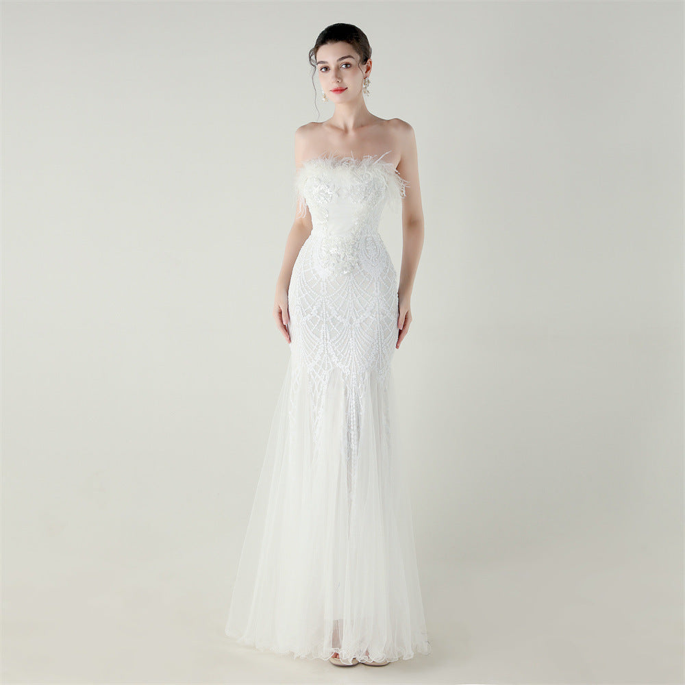 Women sequined tube flower ostrich feather Strapless cross Lace-Up Mesh Formal Party fishtail evening dress 3