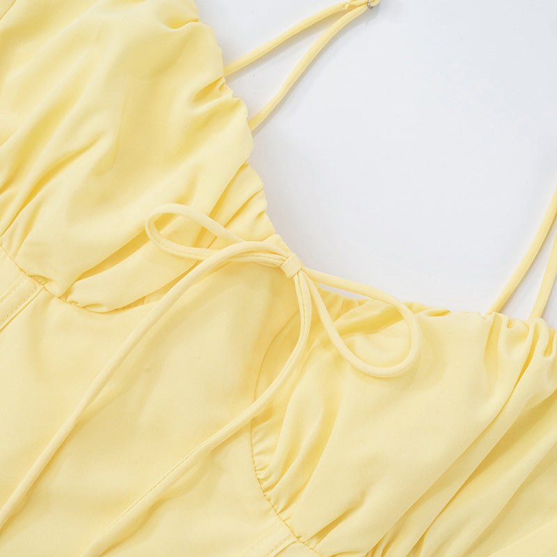 Women Lace Gathered Suspender Lace-Up Dress 15