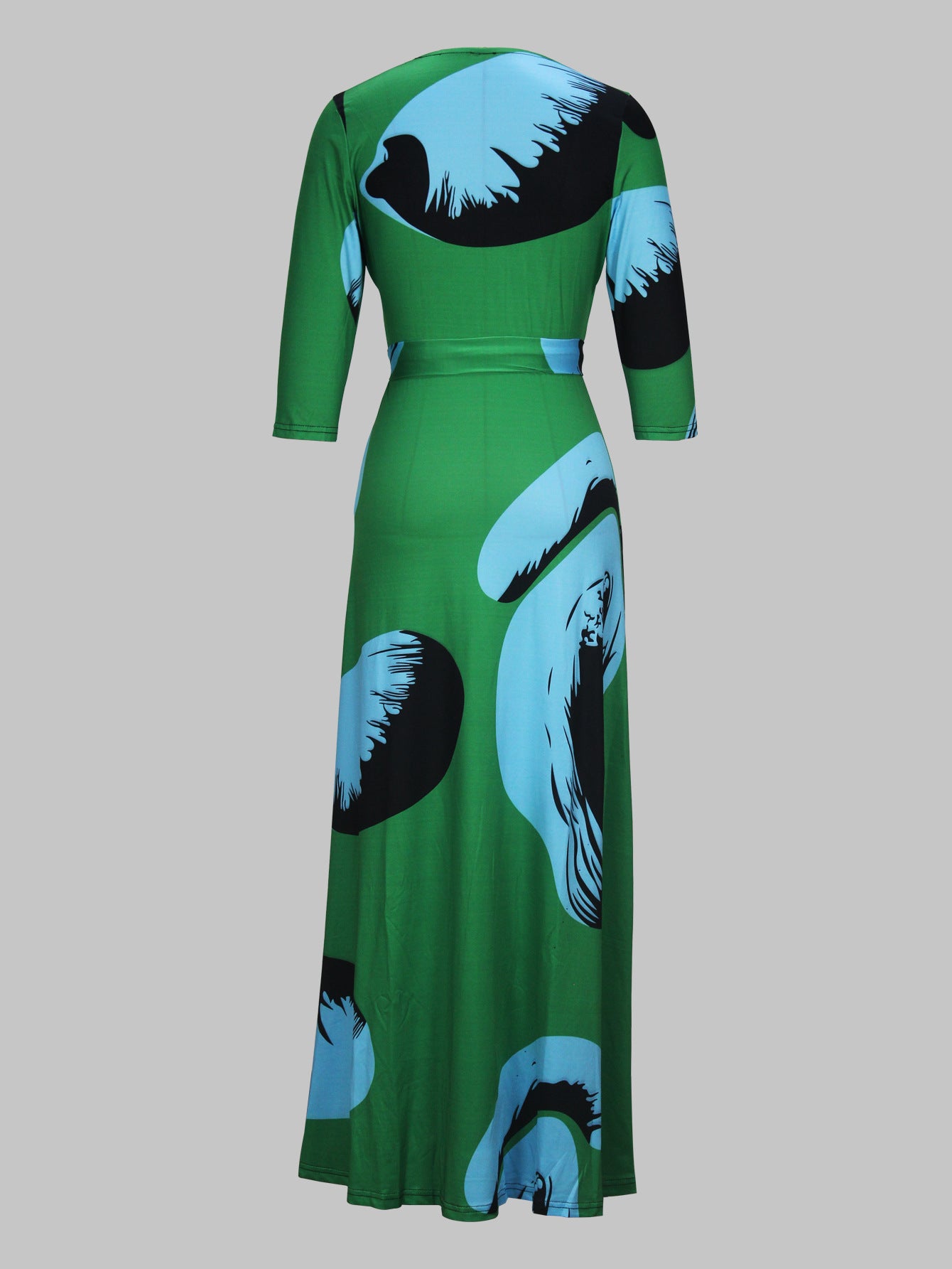 Spring & Autumn Women's Fashion Elegant Wrap V-Neck Half-Sleeve Print Belt Maxi Dress 80
