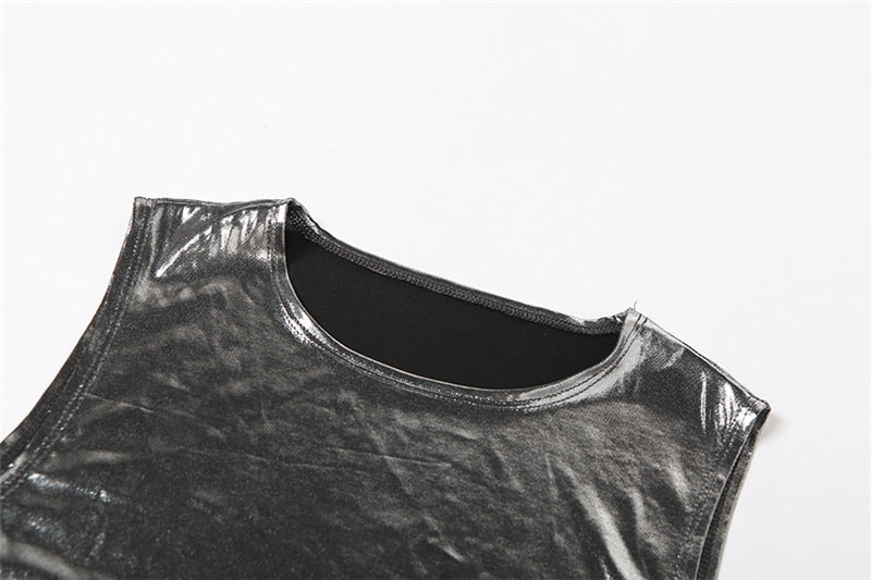 Women Summer Metallic Shiny Solid Round Neck Sleeveless Crop Top Bodycon Skirt Two-Piece Set 22