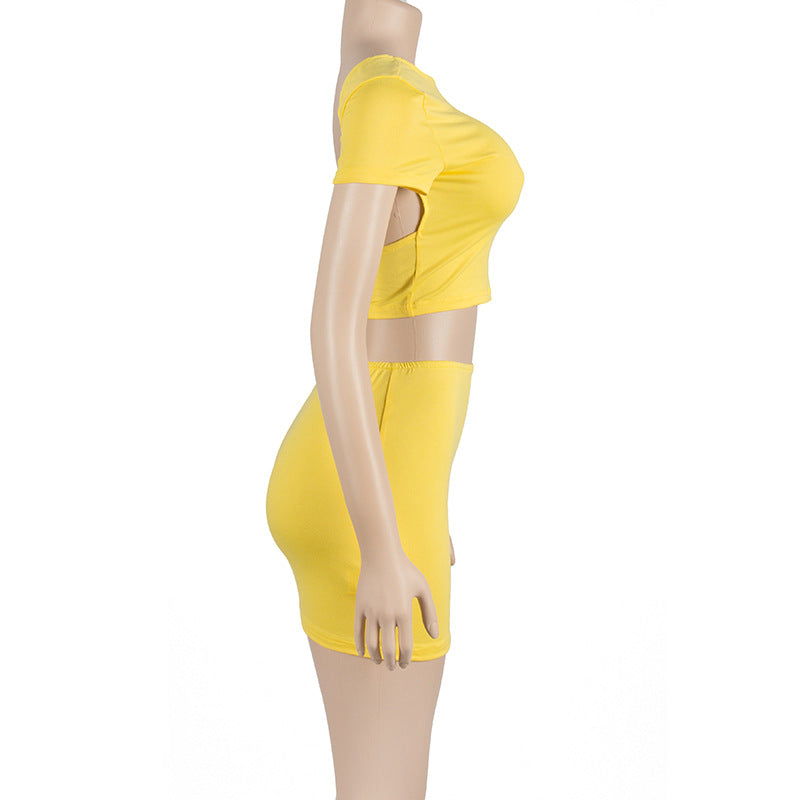 Summer Solid Color Round Neck Short Sleeve Crop Topp Sexy High Waist Bodycon Women's Short Skirt Two Piece Set 8
