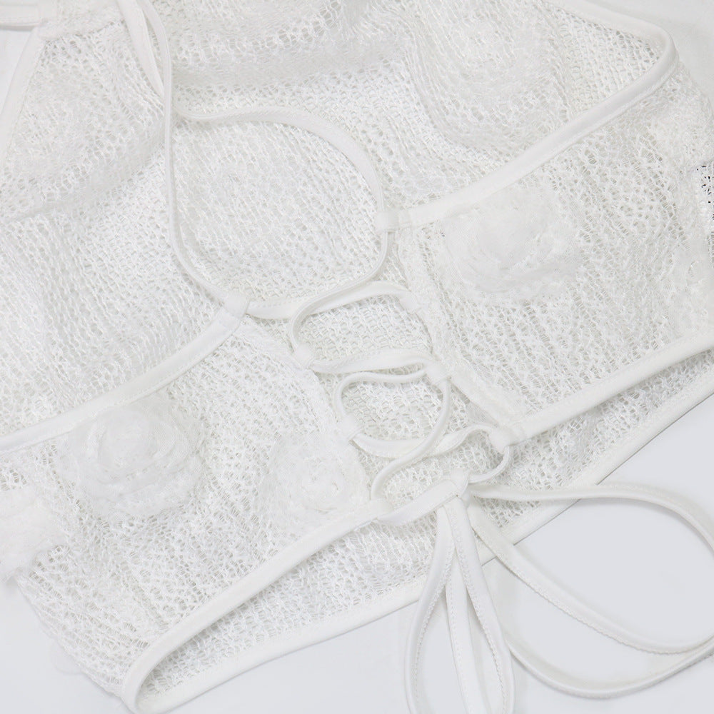 Women Solid Color See-Through Lace-Up Top Loose Slim Pants Two-Piece Set 24