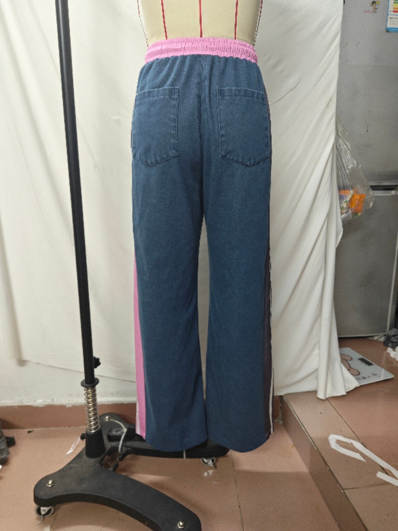 Women side striped color matching sports pants Denim wide-leg pants 8