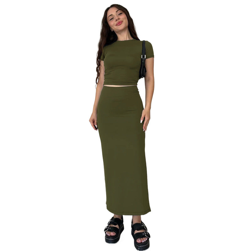 Summer Women's Fashion Casual Solid Color Round Neck Short Sleeve Top Long Skirt Set 9
