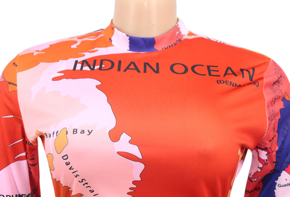 High Neck Long Sleeve Printed Long Dress Fashionable Women's Dress 20