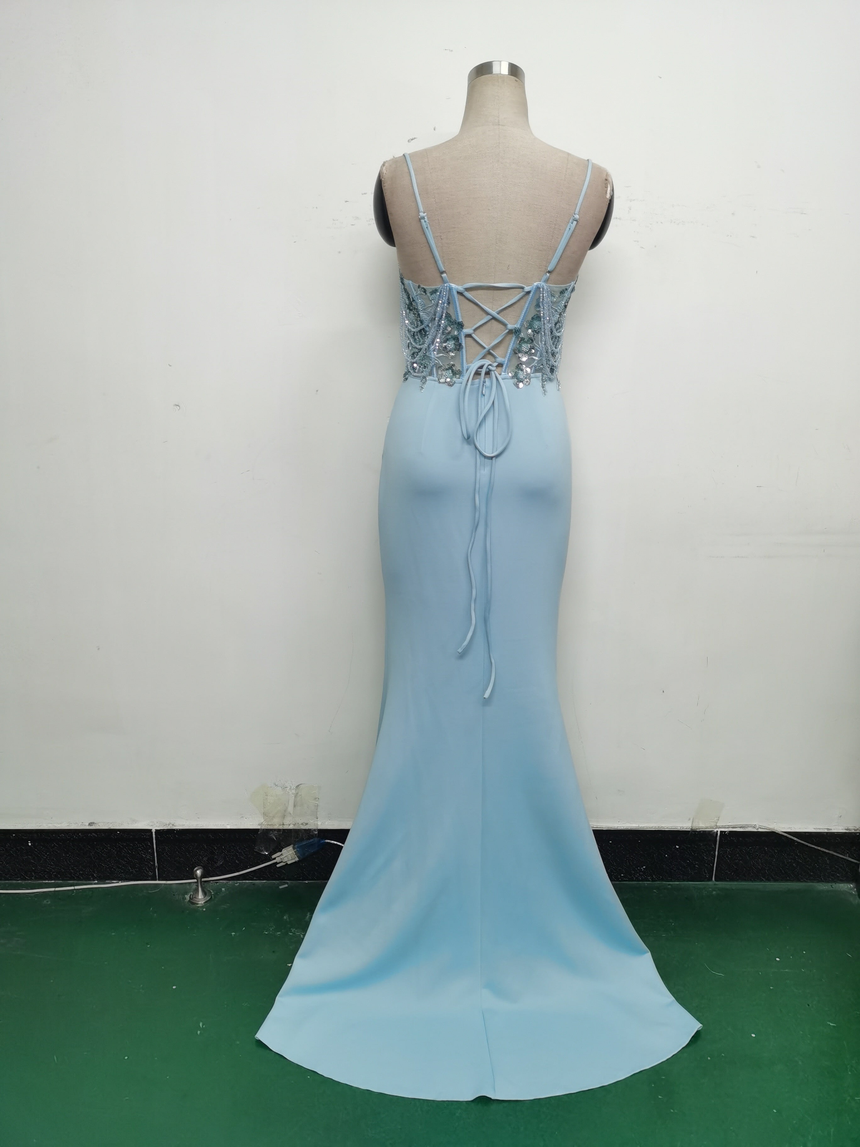 Women Fishbone Lace-Up Formal Formal Party Prom Strappy Sequin Evening Dress 31