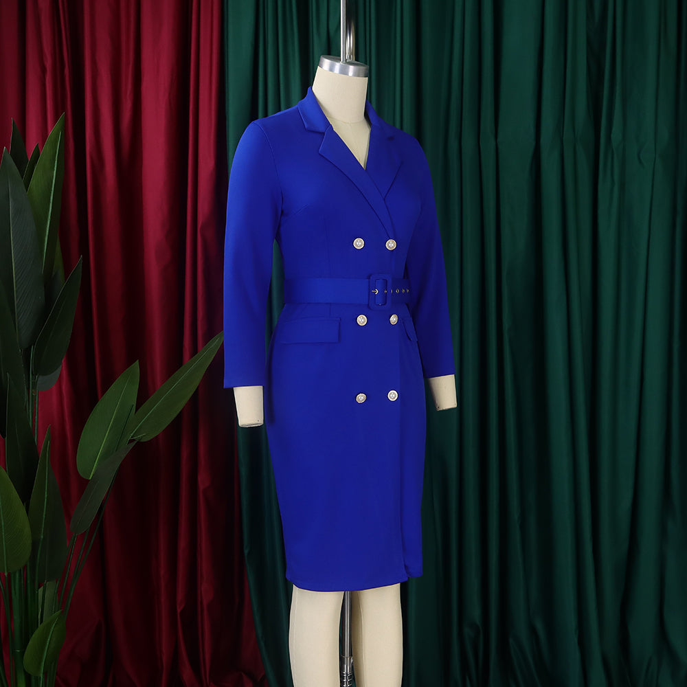 Chic Career Ol Turndown Collar Solid Color Double Breasted Plus Size African Dress 17