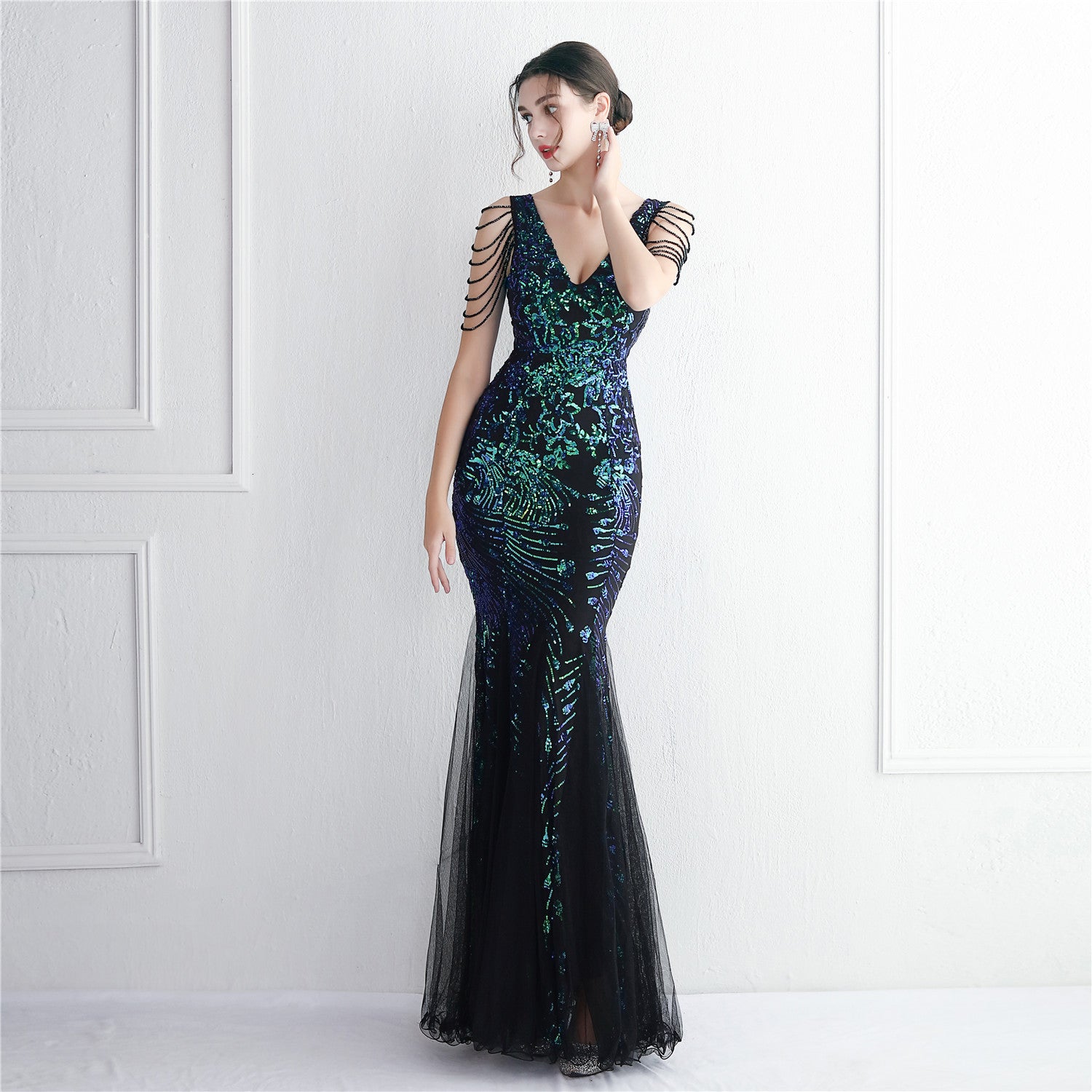 Sequin Mesh Beaded Chic Elegant Annual Meeting Long Fishtail Sequin Sexy Dress 11