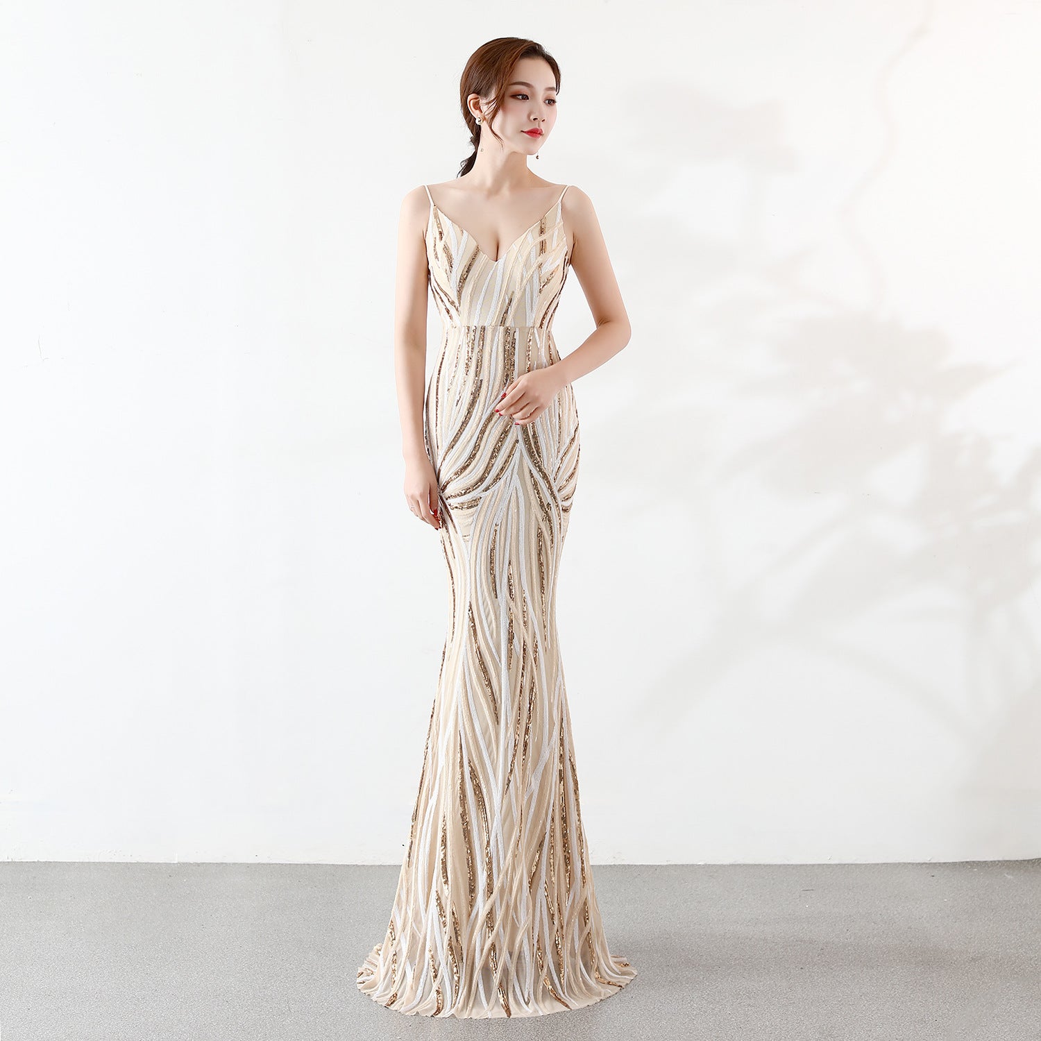 High end sequin stripe color slim fitting dinner party annual meeting suspender long dress 11