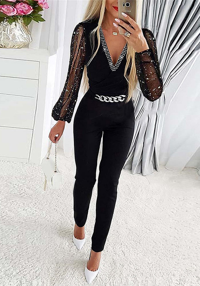 Autumn Women's Solid Color V-Neck Long Sleeve Beaded High Waist Casual Jumpsuit