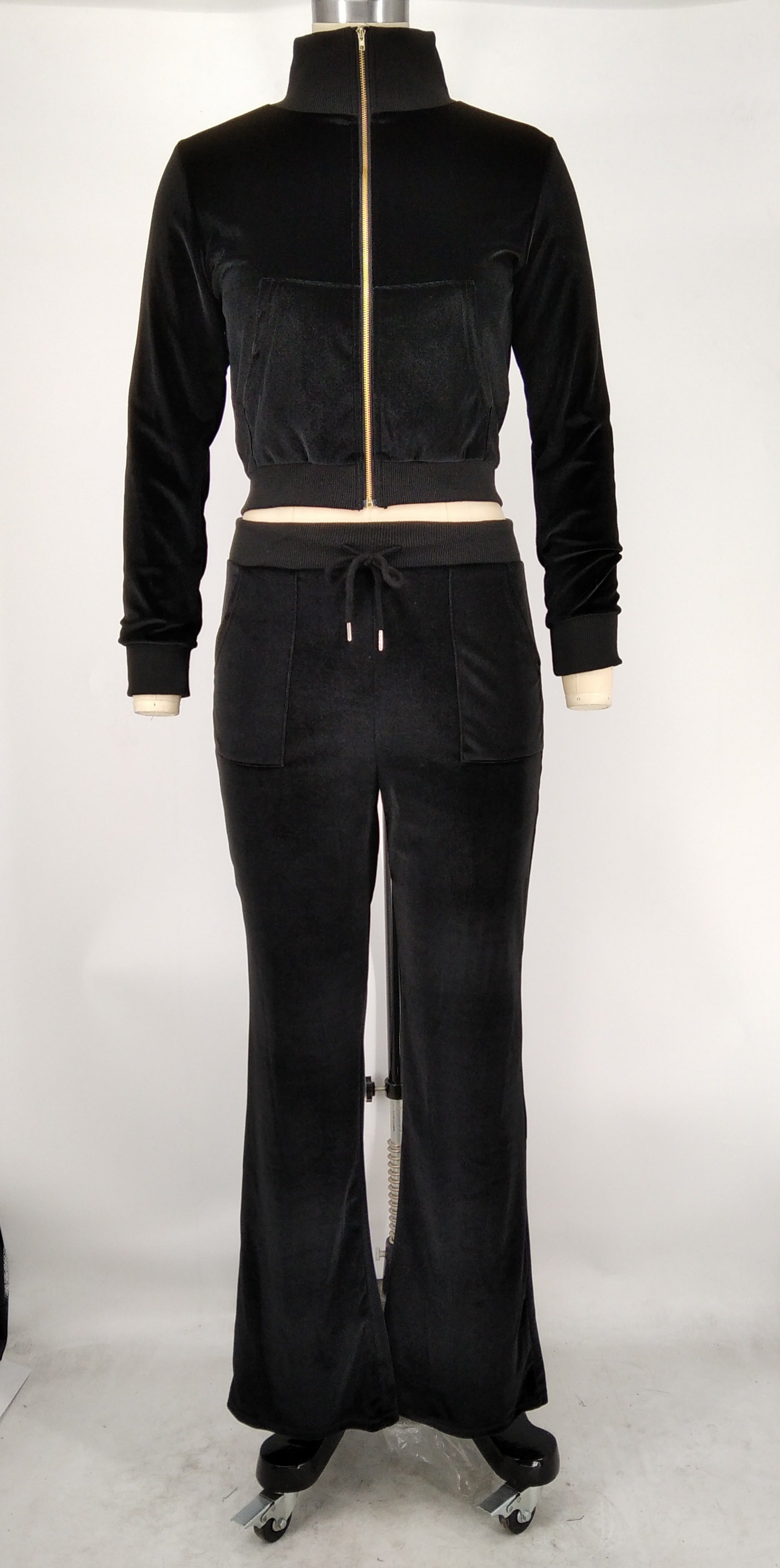 Women's Autumn Winter Velvet Zipper Pocket Two Piece Tracksuit 11