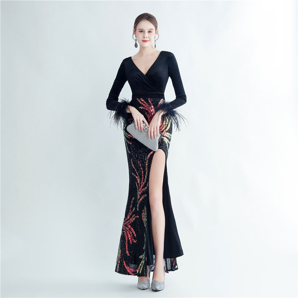 feather sequin velvet side slit long-sleeved evening dress 11