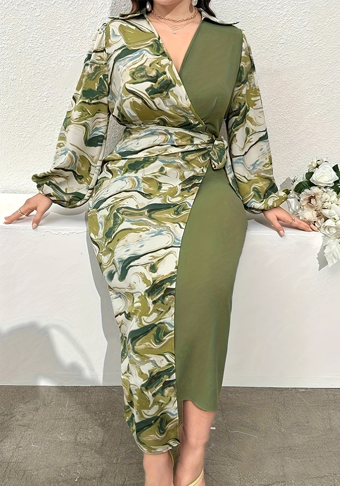 Plus Size Women V-Neck Printed Long Sleeve Colorblock Dress