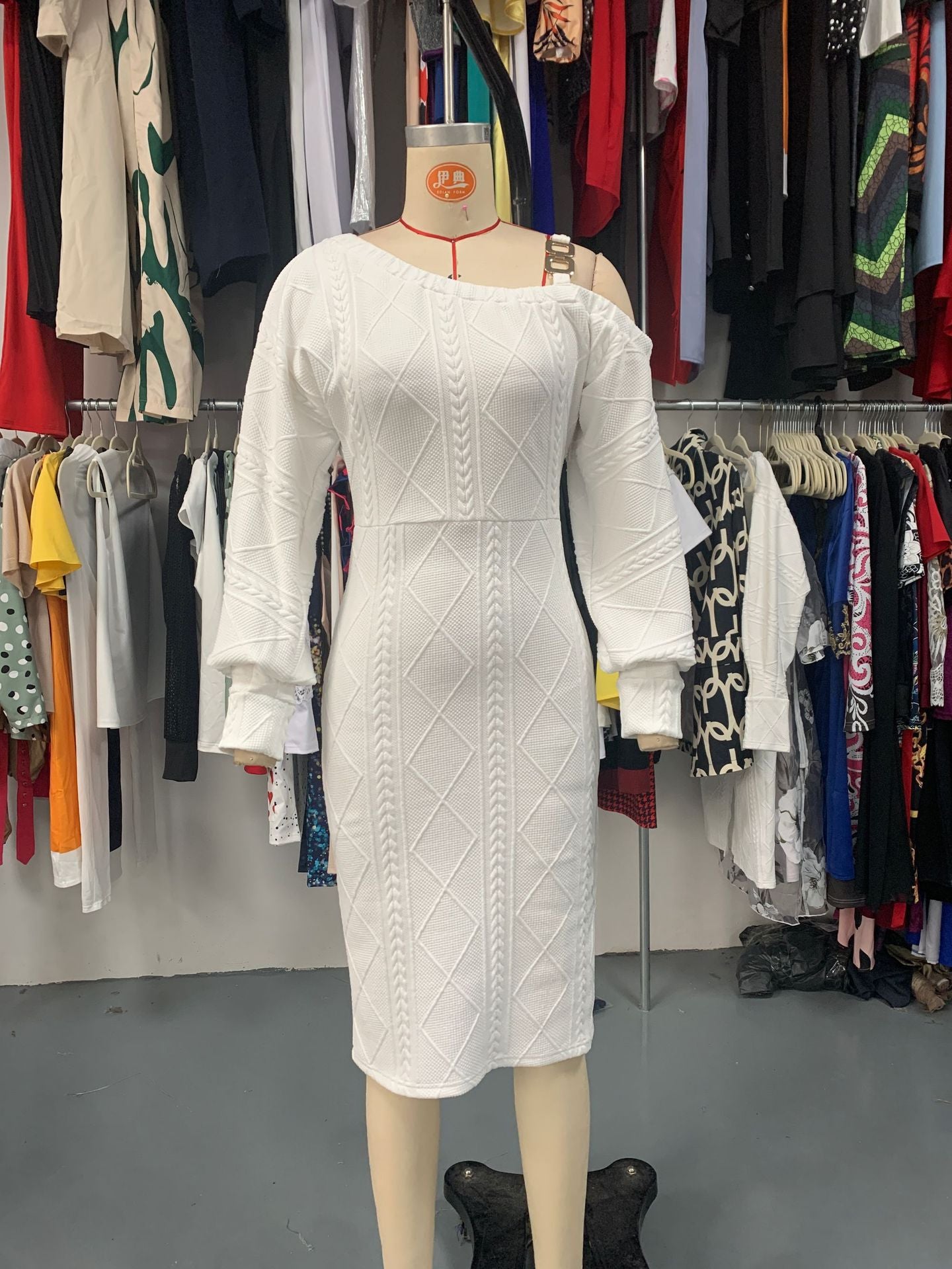 Women Winter One-shoulder Lantern Sleeve Solid Bodycon Dress Sexy Lingerie 11