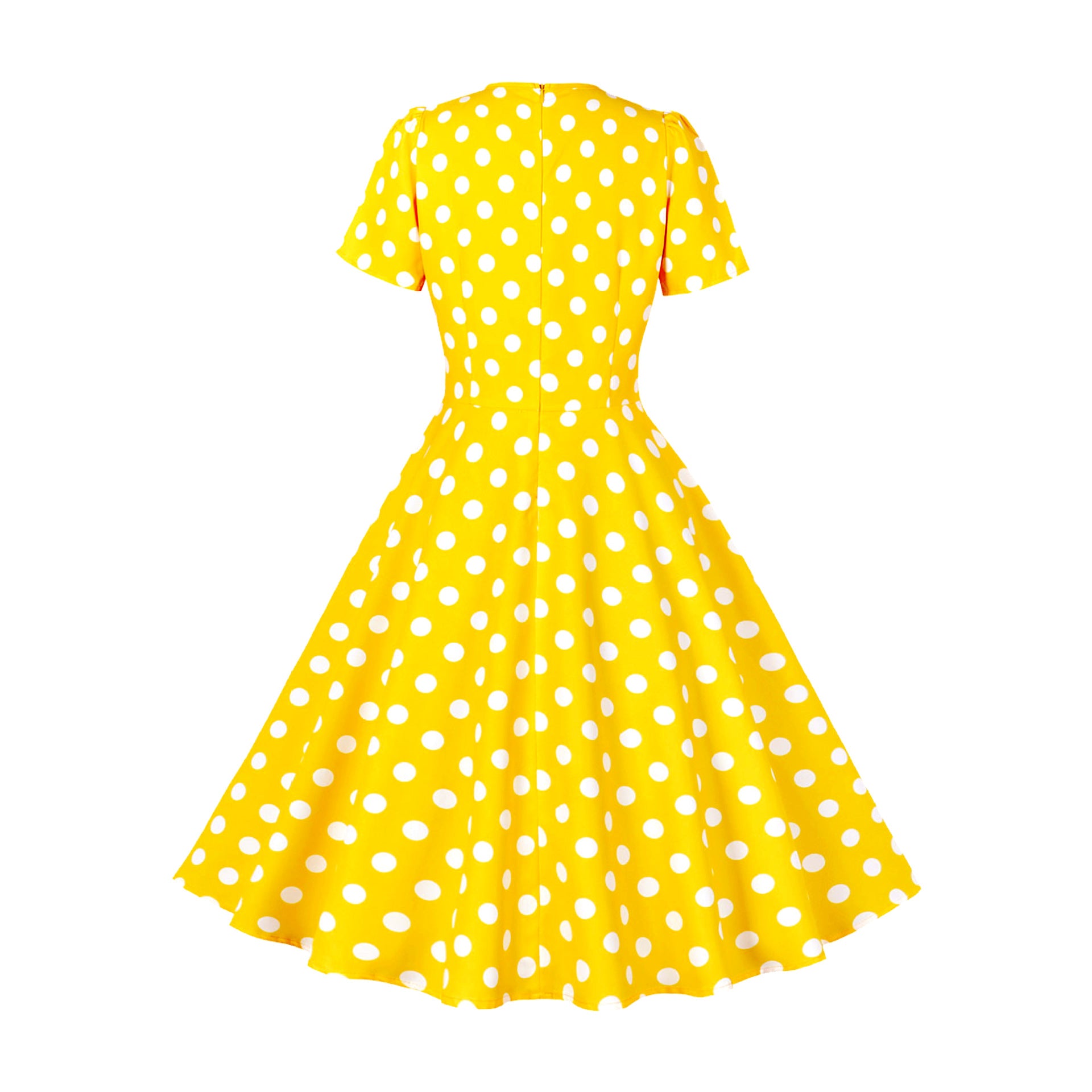 Women Round Neck Bow Tie Polka Dot Short Sleeve Dress 14