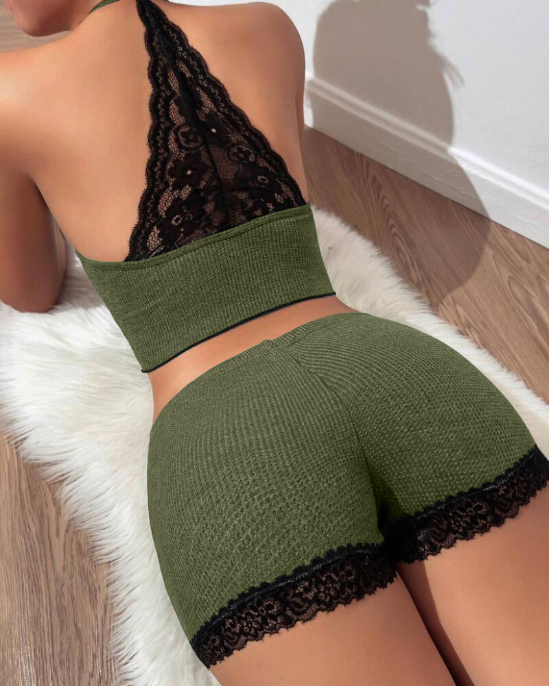 Women contrasting lace patchwork backless waffle casual Pajama two-piece set 5