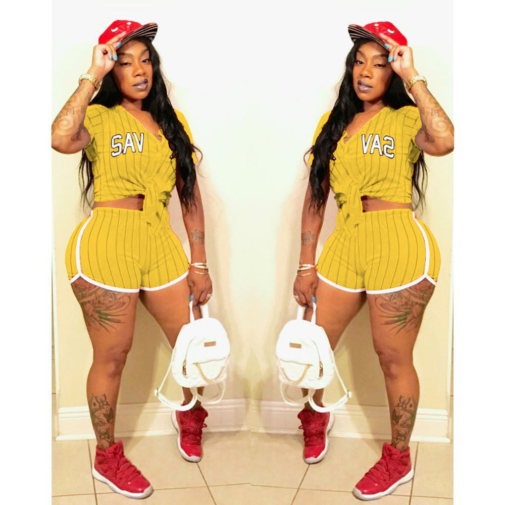 Women Sexy Women Striped Letter Baseball Top and Skirt Two-piece Set 3