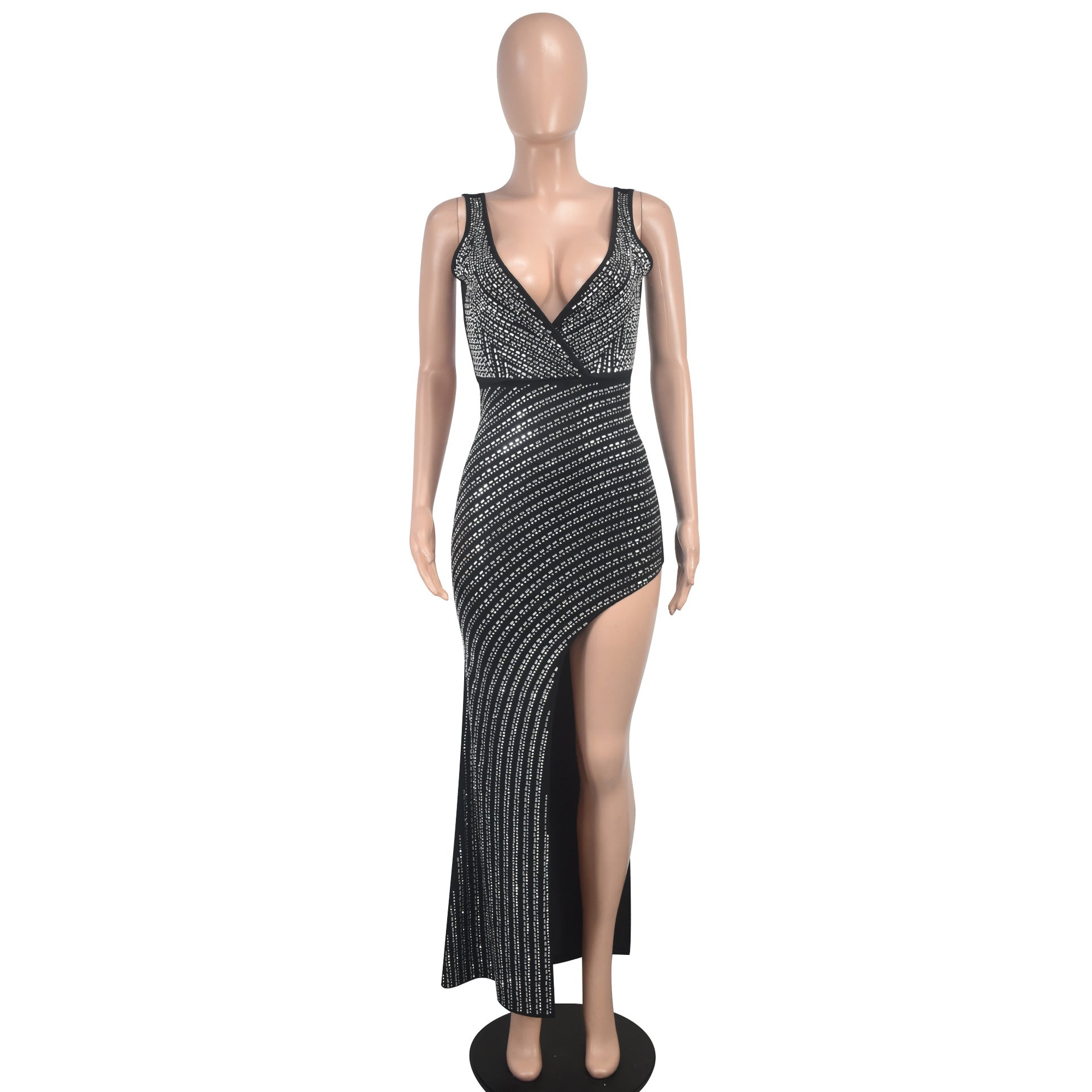 Women Summer Women Beaded Sexy V-neck Mesh See-Through Irregular dress 5