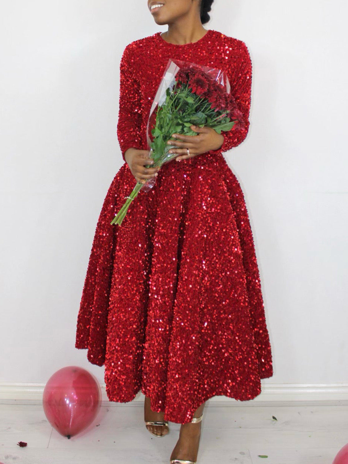 Women Round Neck Long Sleeve Solid Sequin Dress