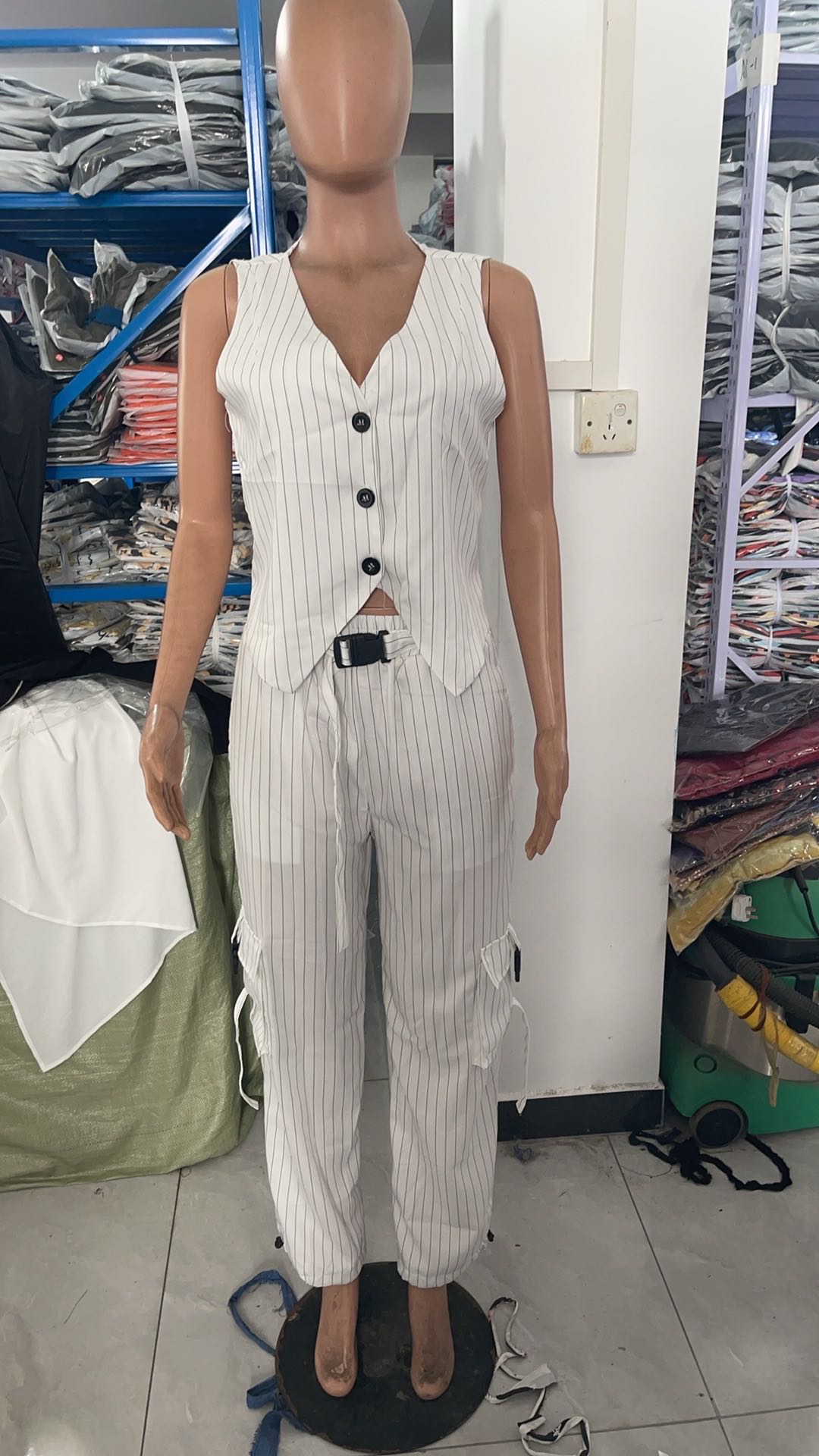 Women's Chic Elegant Solid Color Striped Button Vest Pocket Pants Two Piece Set 10