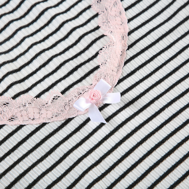 Casual Lace Patchwork Striped U-Neck Vest Low Waist Shorts Women's Two Piece Set 12