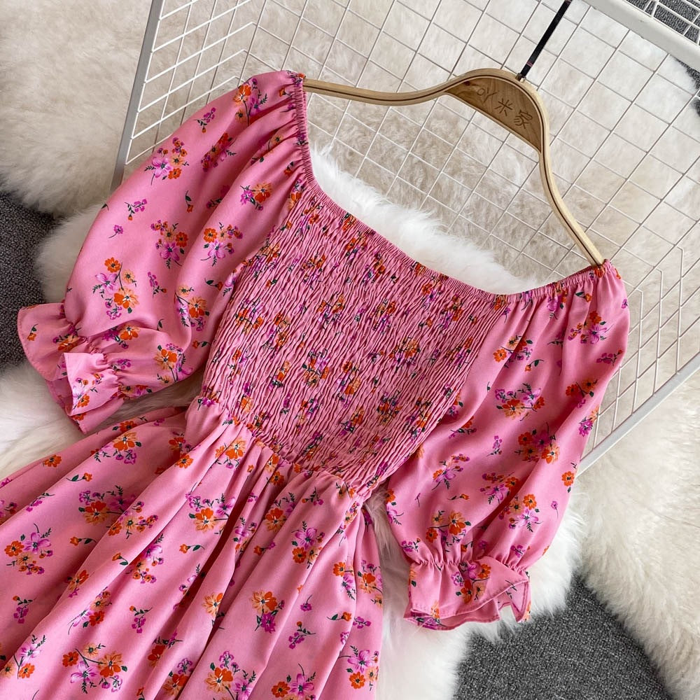 Women summer French square neck puff short sleeve slit dress 28