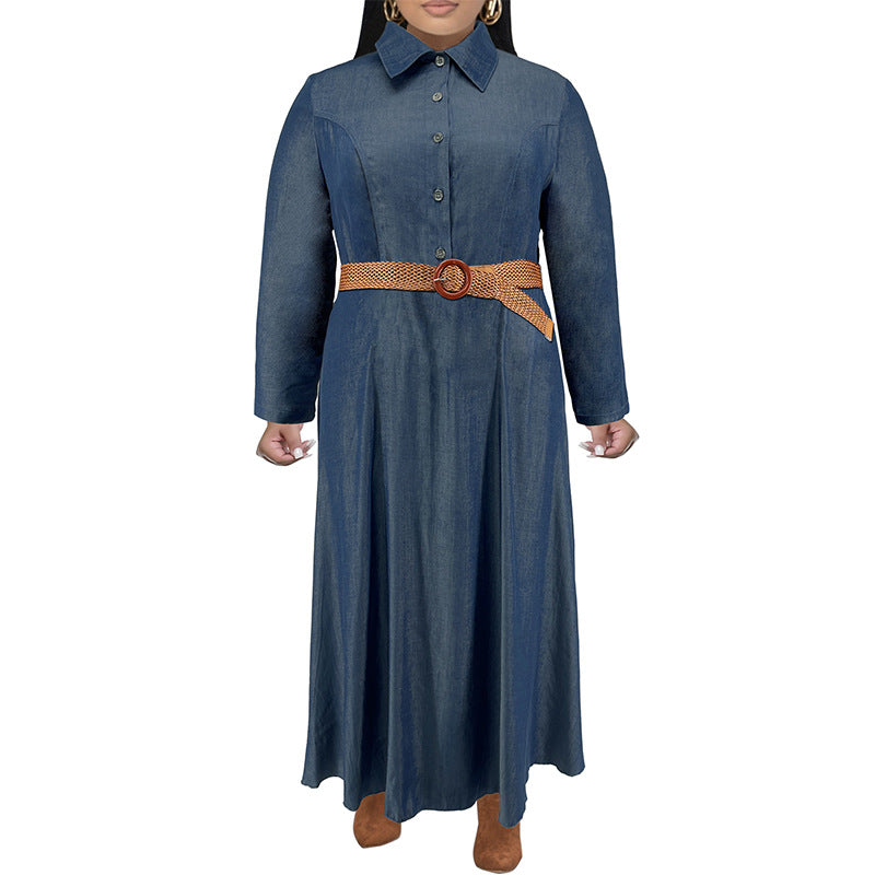 Plus Size Women's Winter Denim Turndown Collared Button Up Long Sleeve Casual Shirt Dress 11