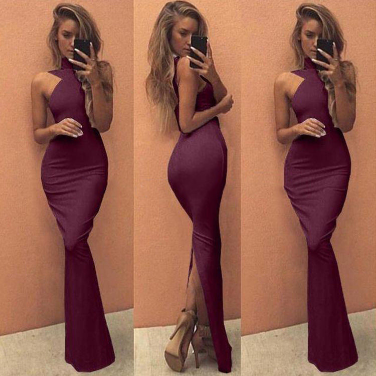 Women 's Halter Neck Back Slit Slim Long Dress 15
