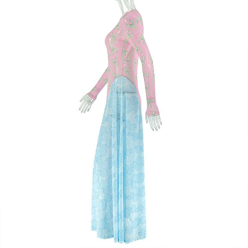 Women Patchwork Print Dress Round Neck Pleated Long-Sleeve Dress 7