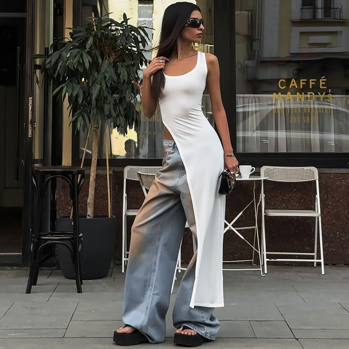 Women's Summer Fashion Style Slim Wide Strap U Neck Slit Long Dress 4