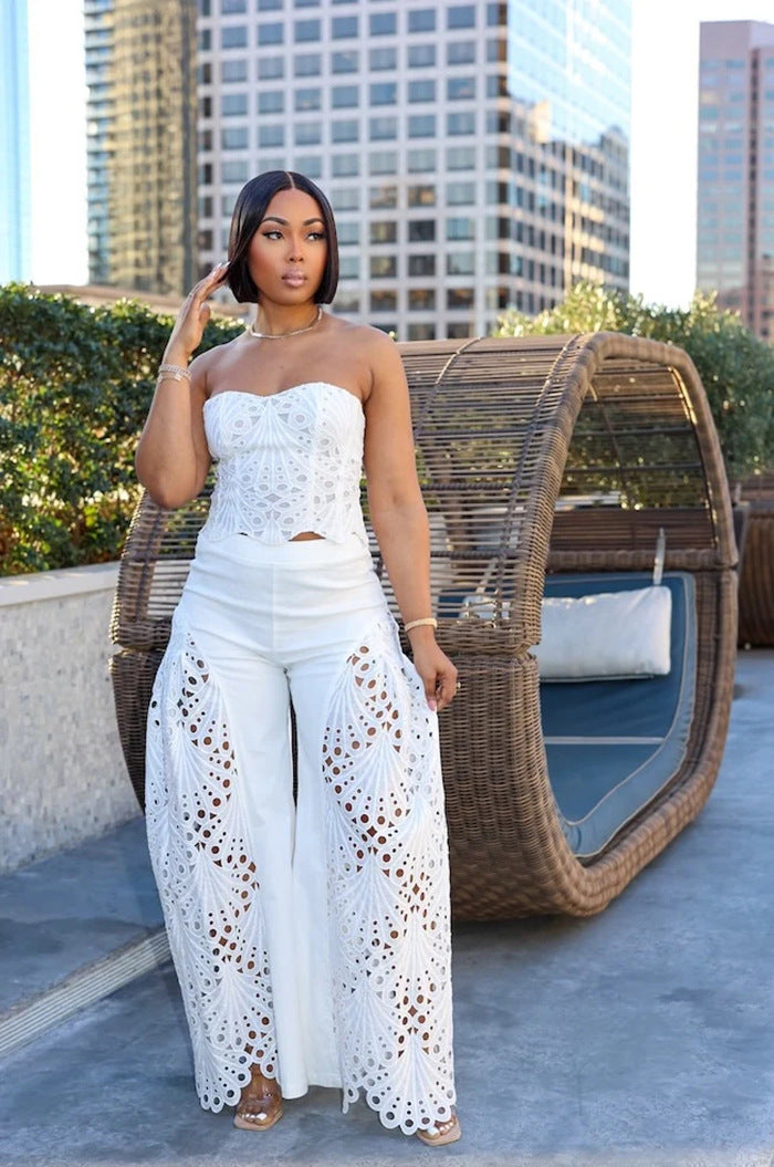 Women Lace Strapless Top and Pant Two-piece Set 3